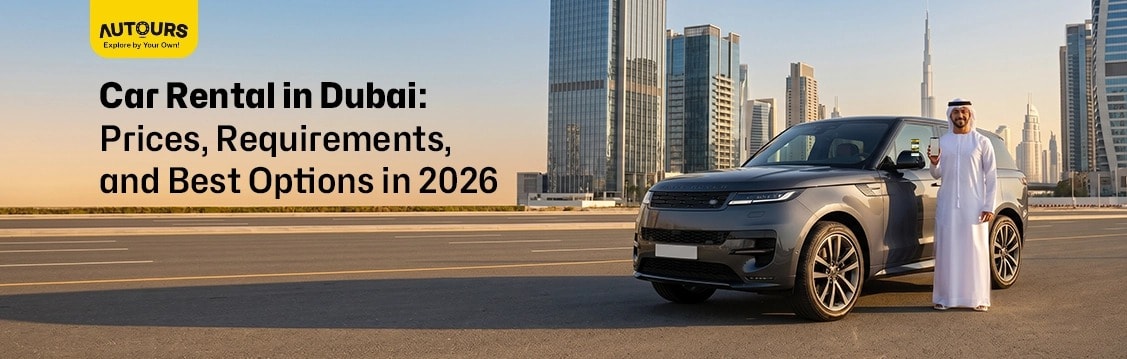 Dubai rent a car prices with modern rental cars on a Dubai city road